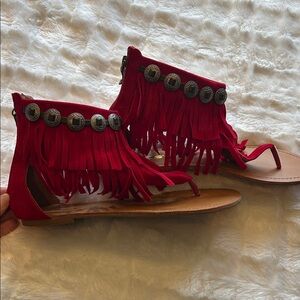 Chic Red Fringe Sandals